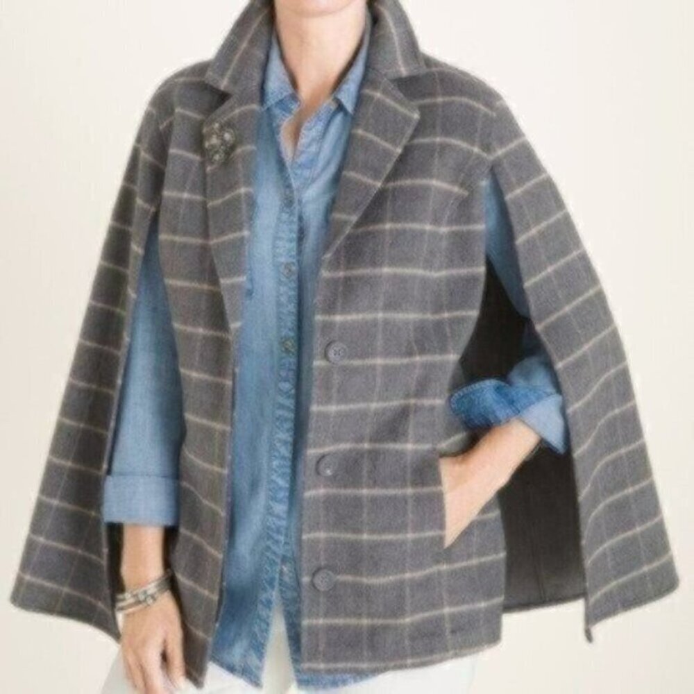 NWOT Chico's Plush Windowpane-Print Cape Jacket